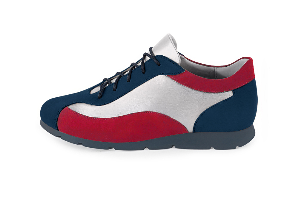 Navy blue, light silver and cardinal red women's elegant sneakers. Round toe. Flat rubber soles. Profile view - Florence KOOIJMAN